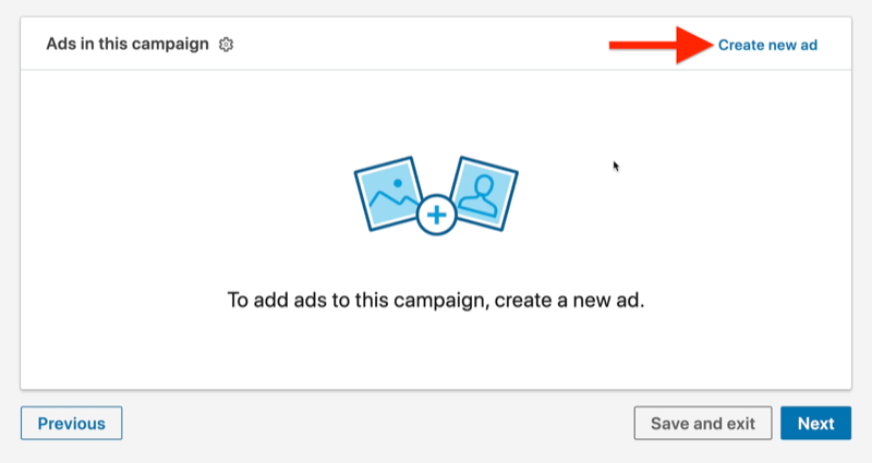 „linkedin“ reklamos kampanijos skelbimo lygio pavyzdys, paryškinant naujo skelbimo parinktį