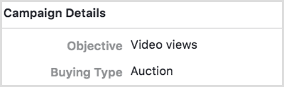 Pasirinkite „Facebook“ kampanijos „Video Views“ tikslą.