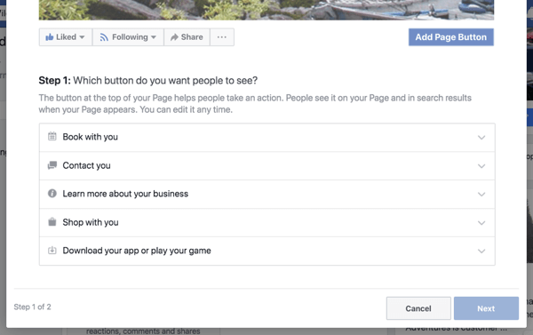 1 žingsnis, kad sukurtumėte „Facebook“ verslo puslapio raginimo veikti mygtuką.