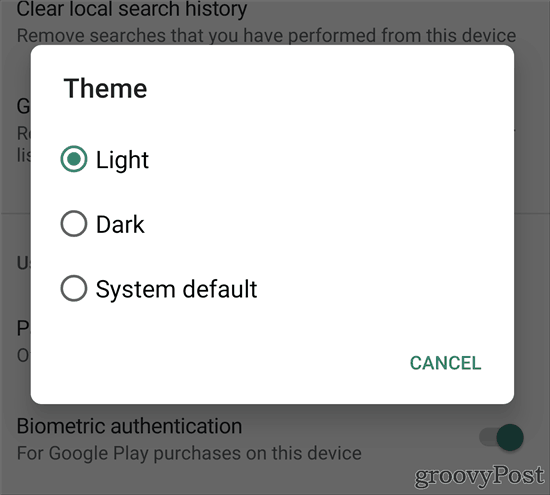 „Google Play“ parduotuvė „Tamsi“ tema yra tamsiai tamsi