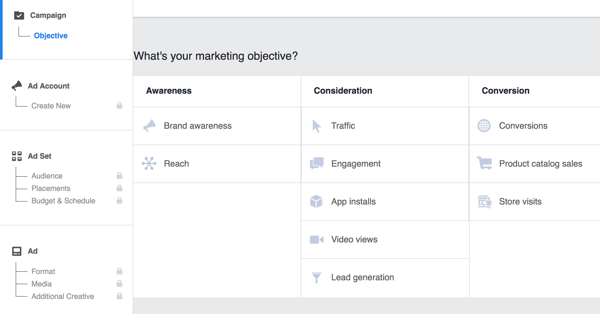Pasirinkite savo „Facebook“ kampanijos tikslą.
