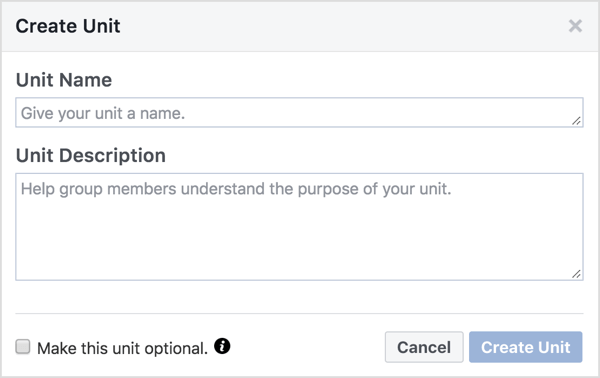 Suteikite „Facebook“ grupės vienetui pavadinimą ir aprašymą. 