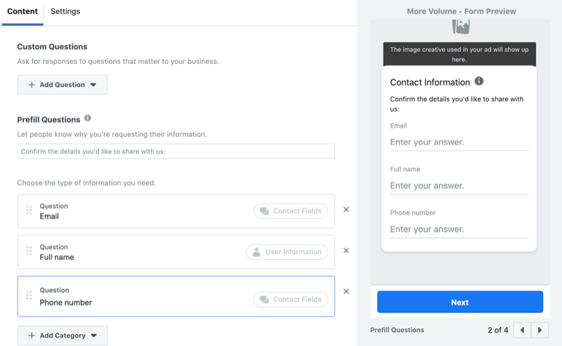 pridėkite pasirinktinius klausimus prie „Facebook“ potencialių klientų generavimo formos