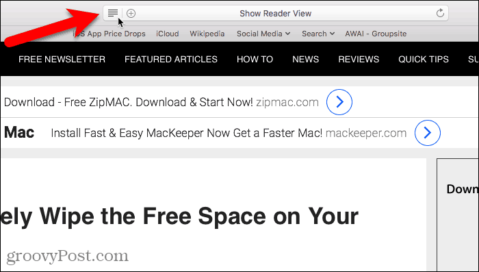Rodyti „Reader“ vaizdą „Safari“, skirtoje „Mac“