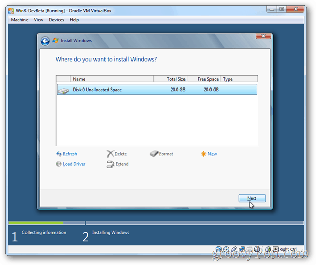 „VirtualBox Windows 8“ pasirinkite diską, kurį norite įdiegti