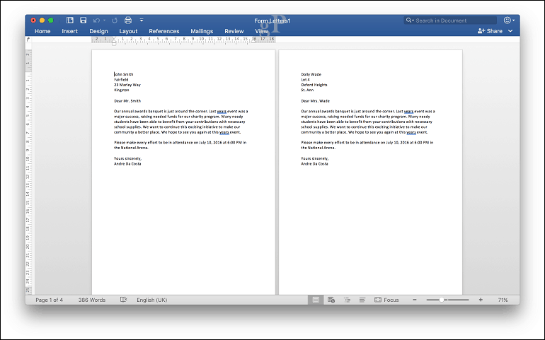 „Microsoft“ žodis „Mac“ laiškų suliejimui - spausdinimo peržiūra