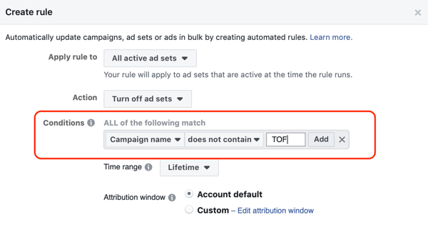 Naudokitės „Facebook“ automatinėmis taisyklėmis, sustabdykite skelbimų nustatymą, kai SIG sumažėja žemiau minimumo, 2 žingsnis, nustatykite sąlygas