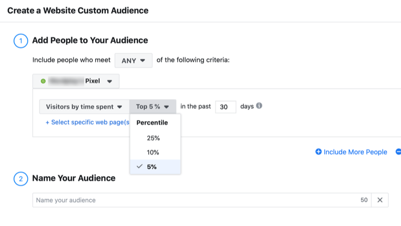 nustatykite „Facebook“ svetainės pasirinktinę auditoriją pagal praleistą laiką