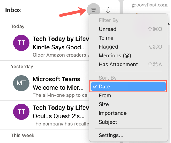 Rūšiuoti pagal datą „Mac“ „Outlook“