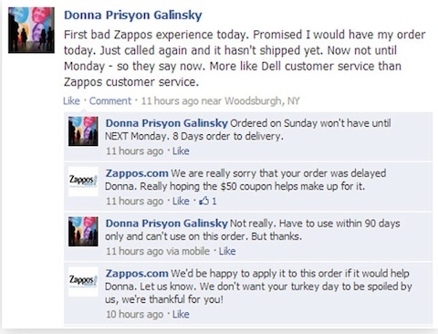 zappos kliento atsakymas facebooke