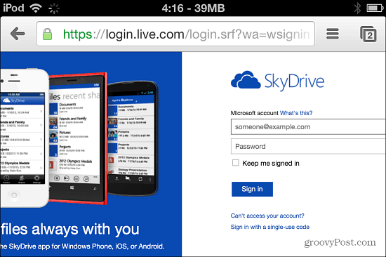 Prisijunkite prie „SkyDrive“.