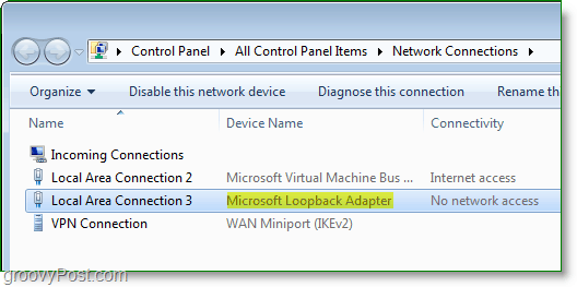 „Windows 7“ tinklų ekrano kopija - „Microsoft Loopback“ adapteris, matomas tinklo jungčių lange