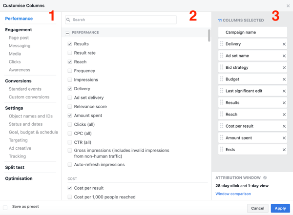 „Facebook Ads Manager“ ataskaitų kūrimo lango pavyzdys.