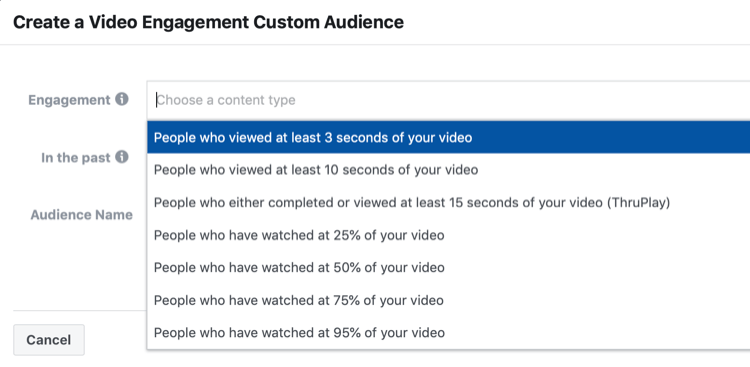 Sukurkite „Video Engagement“ pasirinktinės auditorijos nustatymo langą