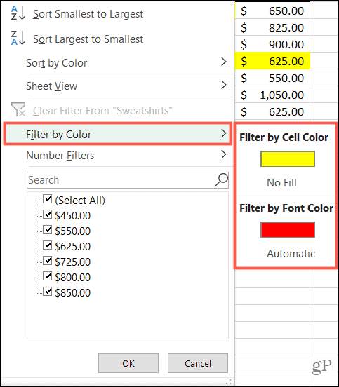 „Excel“ filtruokite pagal spalvas