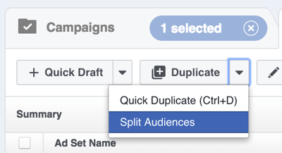 „Facebook Power Editor“ spustelėkite rodyklę dešinėje „Dublikatas“ ir pasirinkite „Suskaidyti auditorijas“.