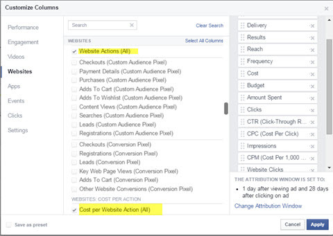 „facebook“ skelbimų tvarkyklė prideda svetainės veiksmus