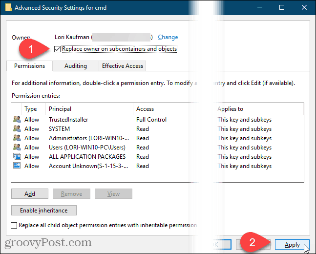 „Windows“ registro dialogo lange Išplėstiniai saugos parametrai spustelėkite Taikyti
