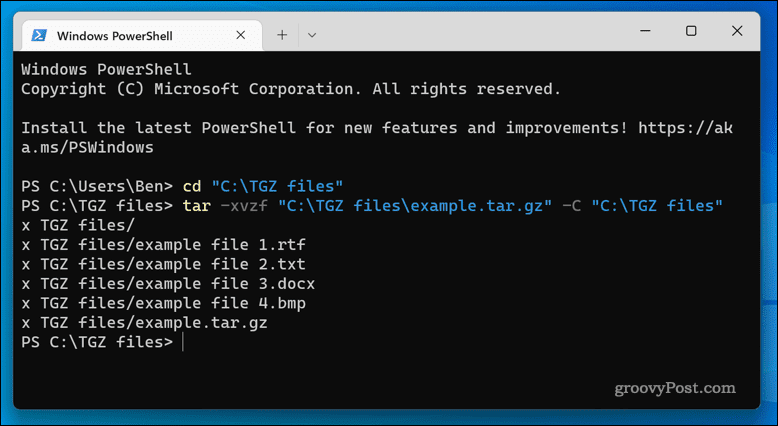 TGZ failų ištraukimas sistemoje „Windows 11“ naudojant terminalo programą
