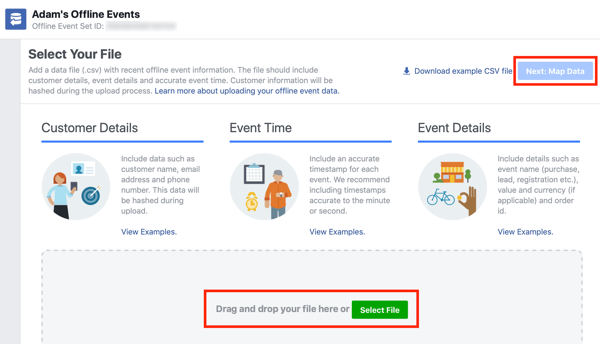 Galimybė nuvilkti duomenų failą į „Facebook Ads Manager“.