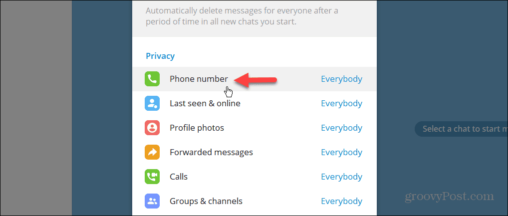 Telefono numerio privatumo nustatymas „Telegram“ darbalaukio programoje