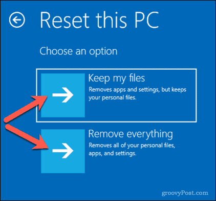 „Windows 10“ kompiuterio nustatymo iš naujo parinktys