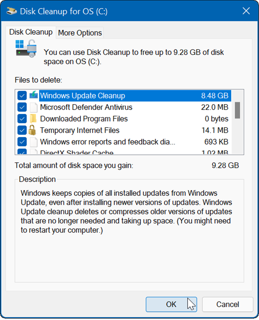 Rezultatas bus keli laikinieji failai, įskaitant „Windows Update Cleanup“.