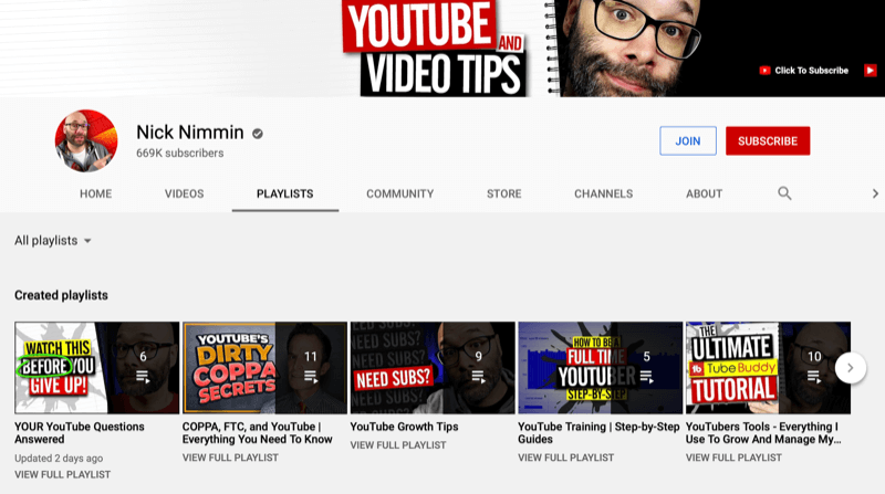 „nick nimmin youtube“ kanalo pagrindinio puslapio, esančio grojaraščio skirtuke, ekrano kopija, kurioje rodomi keli sukurti grojaraščiai