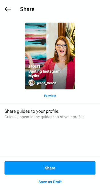 pavyzdys dabar sukurkite „Instagram“ vadovo bendrinimo ekraną su peržiūra mėlyna spalva po viršelio vaizdu, kartu su apatinio mygtuko parinktimis bendrinti ir išsaugoti kaip juodraštį