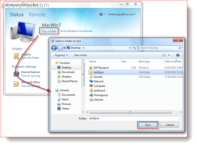 Aplanko sinchronizavimas su „Windows Live Sync Beta“