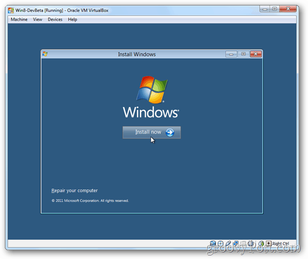 „VirtualBox Windows 8“ diegimo dabar langelis
