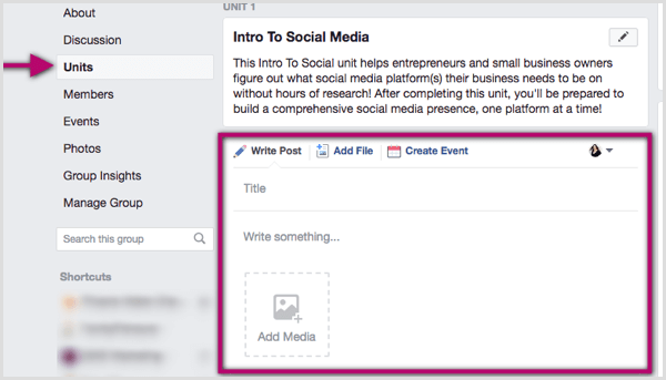 Spustelėkite savo „Facebook“ grupės skyrių ir parašykite įrašą, pridėkite failą arba sukurkite įvykį.