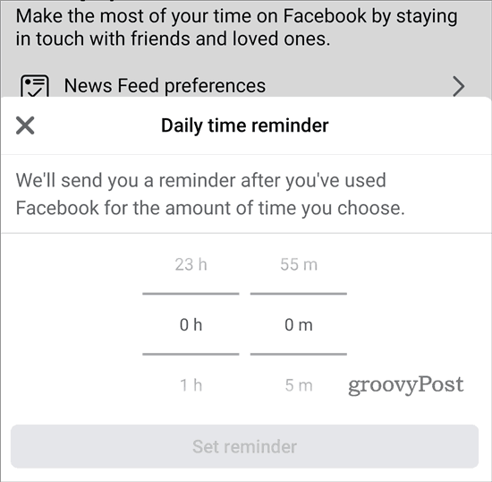 Jūsų laikas „Facebook“ nustatymas priminimas