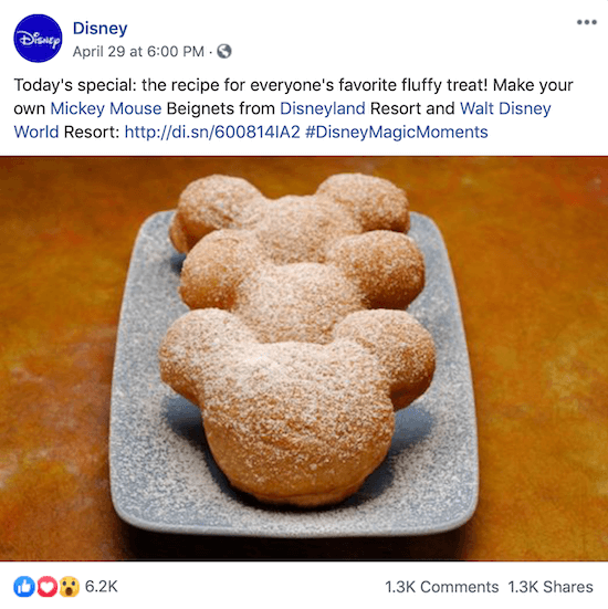 „Disney“ „Facebook“ įrašas su nuoroda į pelės „Mikis pelė“ receptą