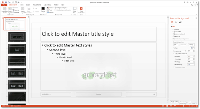 „Office 2013“ šablono kūrimas Padaryti pritaikytą dizainą „POTX“ Tinkinti skaidrių skaidres Mokomoji knyga Kaip sukurti skirtingą foną