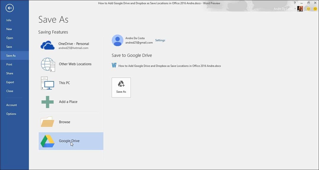 Pridėti „Google“ diską ir „Dropbox“ kaip išsaugoti vietas „Microsoft Office“