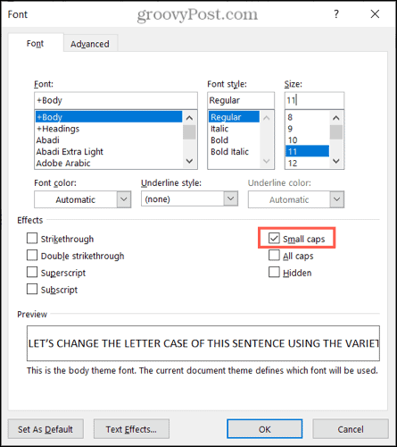 „Windows“ sistemoje „Word“ naudokite mažas raides