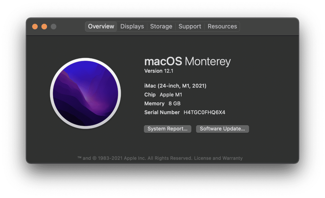 Puslapis „Apie šį Mac“ M1 „iMac“.
