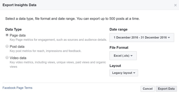 Pasirinkite „Facebook Insights“ duomenų duomenų tipą, diapazoną, failo formatą ir išdėstymą.