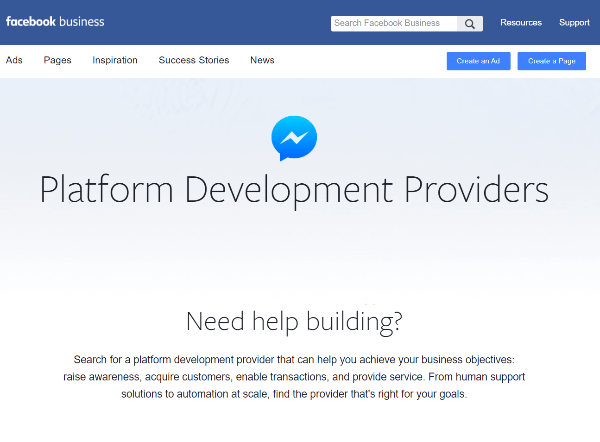 Naujas „Facebook“ platformų kūrimo paslaugų teikėjų katalogas yra verslas, skirtas rasti paslaugų teikėjus, kurie specializuojasi kurdami „Messenger“ patirtį.