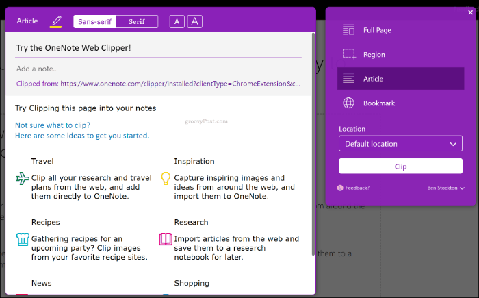 „OneNote Web Clipper“ plėtinys „Google Chrome“