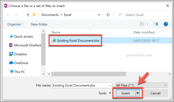 „Excel“ failo pridėjimas kaip failo priedą „OneNote“