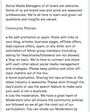 Štai „Facebook“ grupės taisyklių pavyzdys.