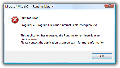„Internet Explorer 8“ (IE8) „Microsoft Visual C ++ Runtime Library“: Runtime Error!