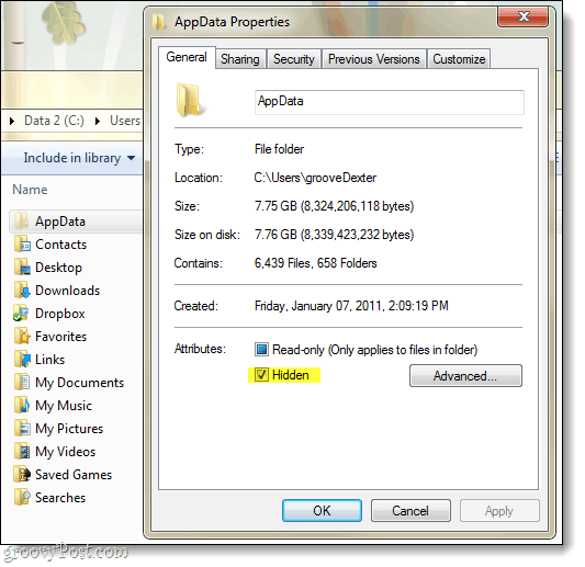 paslėpti programos duomenys „Windows 7“
