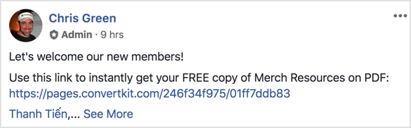 Šis „Facebook“ grupės įrašas sveikina naujus narius ir primena jiems atsisiųsti nemokamą PDF.