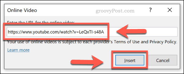 Internetinio vaizdo įrašo įterpimas pagal URL programoje „PowerPoint“