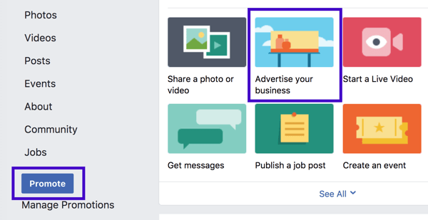 „Facebook“ vietinio verslo reklamą galite nustatyti kairėje šoninėje juostoje arba iš puslapio įrašo parinkčių.