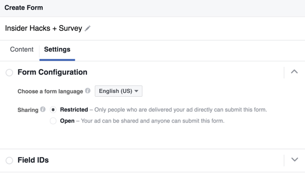 Galite pasirinkti „Facebook“ potencialių klientų formos kalbą.