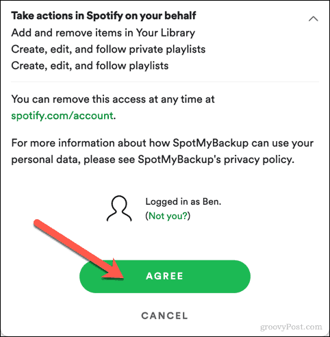 „SpotMyBackup“ prieigos prie „Spotify“ patvirtinimas